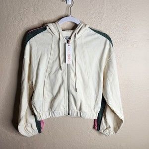 The Greii Cropped Hoodie Women's Small Ivory Cotton Long Sleeve Full Zip Pockets